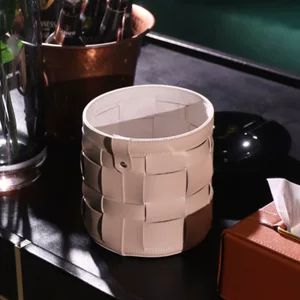 سبد زباله چرمی دستبافت گرد | جا مدادی و سطل کاغذ رومیزی